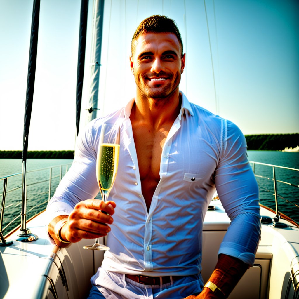 1man, handsome, muscular, (detailed face), face to viewers, enjoying life with champagne on a yacht