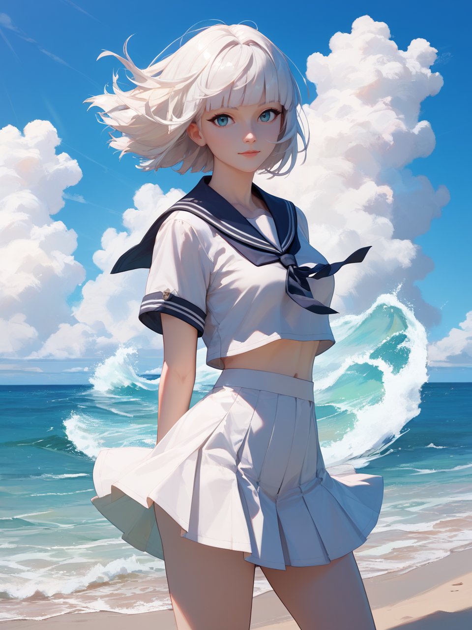 score_9,score_8_up,score_7_up,1girl,solo,best quality,highres,masterpiece,short hair,hime cut,white hair,facing viewer,looking at viewer,cowboy shot,navy sailor's outfit,outdoors,seaside,cloud,foaming waves,windsurfing warships,