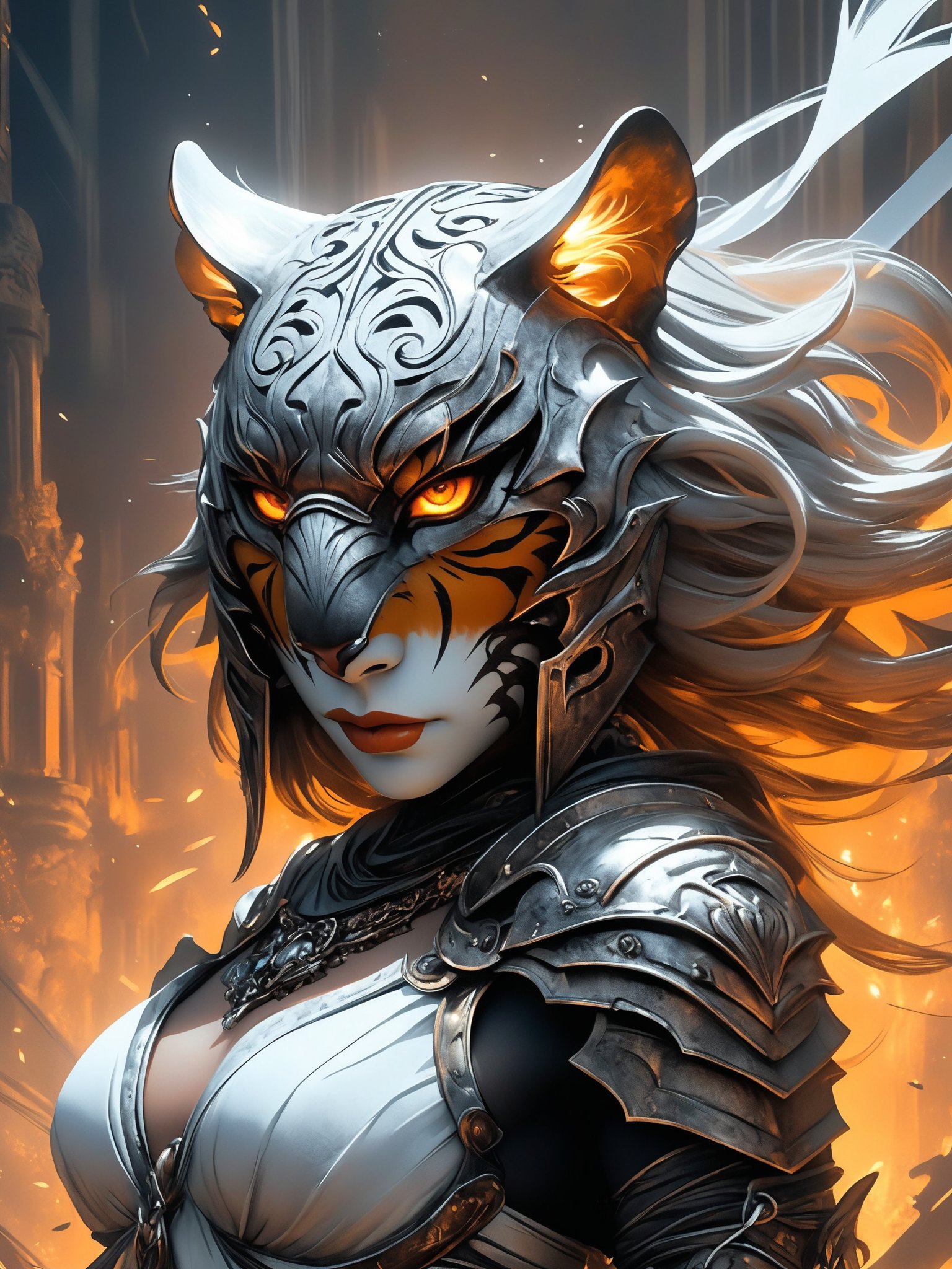 Comic's Luis Royo style, human wearing a mask made of steel, face figure a tiger, great helm made of iron covering the entire head, little tiger's ears on it, sketch, dark fantasy, illustration, epic action, Unreal Engine, cinematic award winning artwork, many details, extreme detailed, full of details,Wide range of colors., dramatic, Dynamic,Cinematic,Sharp details, Insane quality. Insane resolution. Insane details. Masterpiece. 32k resolution. casting shadow style, cucoloris patterned illumination,  dvr-lnds-sdxl, ral-dissolve, ral-ertmsphr, ral-porcelain, ral-pxlprtcl, Niji, aidma-niji