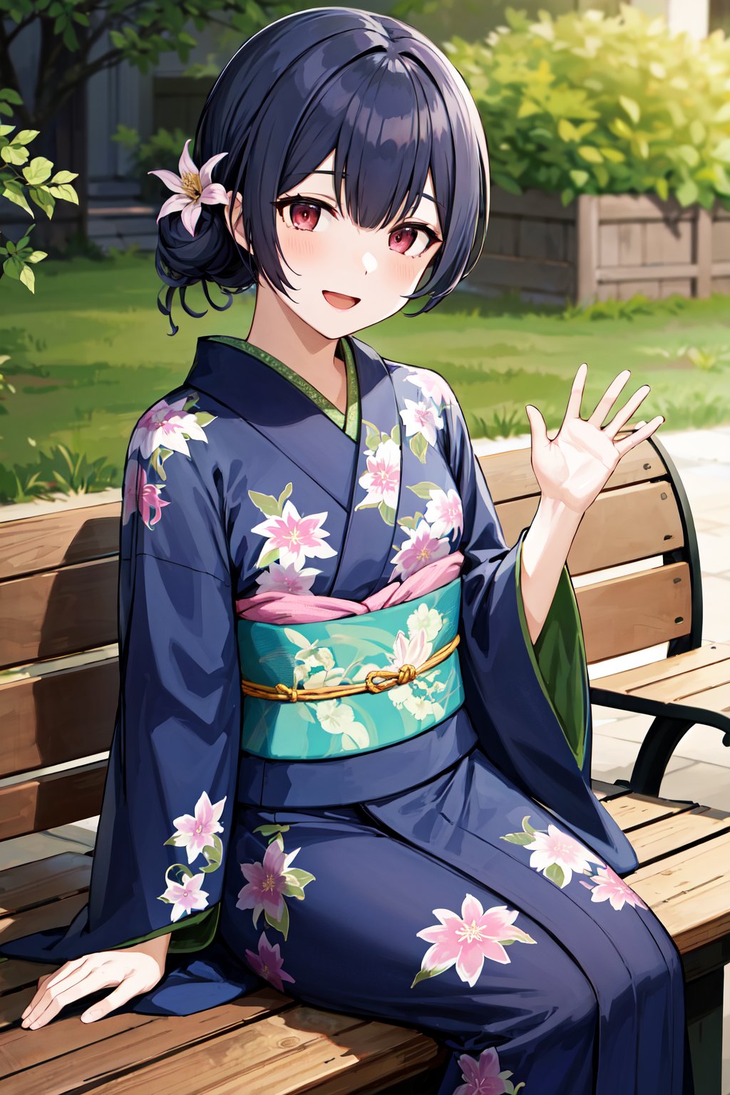 masterpiece, best quality, highres, aarinze, short hair, single hair bun, hair flower, japanese clothes, blue kimono, print kimono, floral print, long sleeves, wide sleeves, sash, obi, <lora:morino_rinze_v1:0.7>, outdoors, sitting, bench, waving, smile, open mouth, 