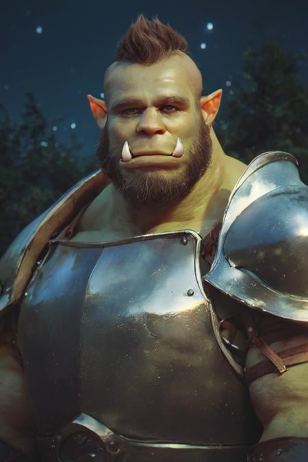 score_9, score_8_up, score_7_up, solo, male focus, mature male, orc, green skin, tusks, beard, outdoors, armor, looking at viewer, shoulder armor, breastplate, upper body, closed mouth, pauldrons, night, night sky, standing <lora:Photo 2 Style SDXL_LoRA_Pony Diffusion V6 XL:1>