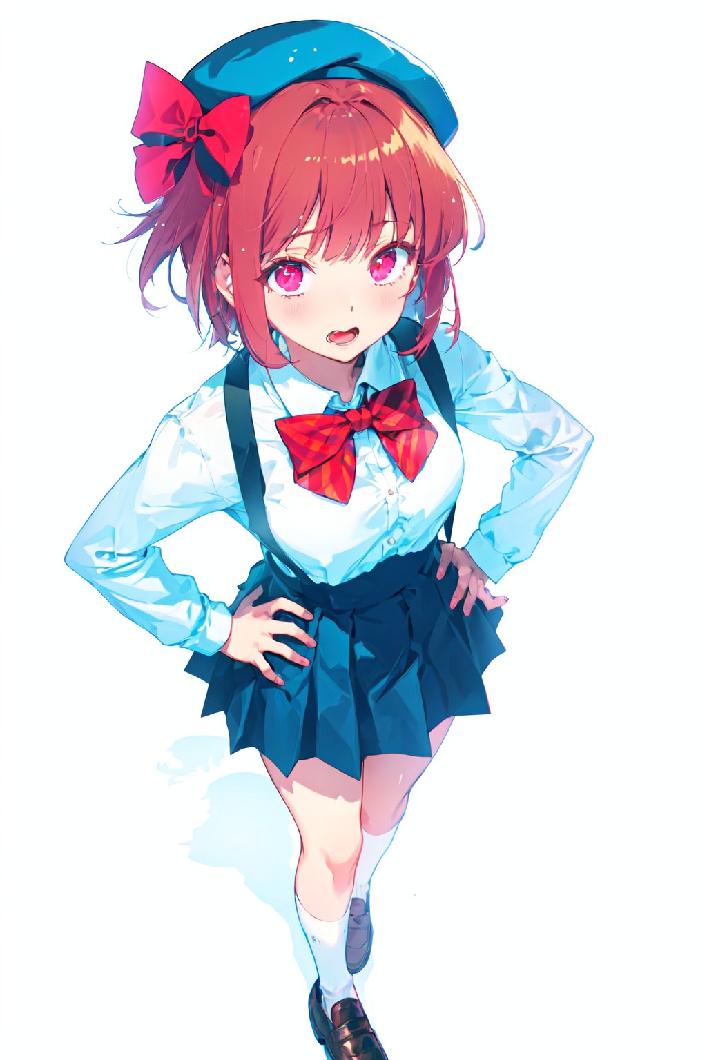 zyc,1girl,solo,hat,skirt,hands on hips,bow,open mouth,blush,socks,short hair,red hair,looking at viewer,pink eyes,school uniform,jacket,shoes,white socks,from above,white background,brown hair,pink bow,shadow,bangs,long sleeves,red eyes,simple background,bowtie,full body,standing,loafers,beret,