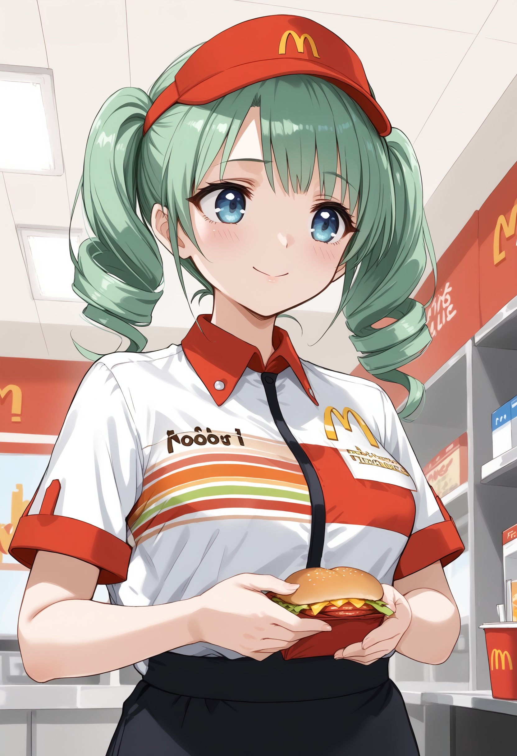 1girl, medium breasts,mac,employee uniform, fast food uniform, visor cap, short sleeves, clothes writing, <lora:Mac_Pony_v1:0.7>mcdonald's,ceiling, portrait, looking away, green hair, white eyes,sad smile,  closed mouth, twin drills hair,,