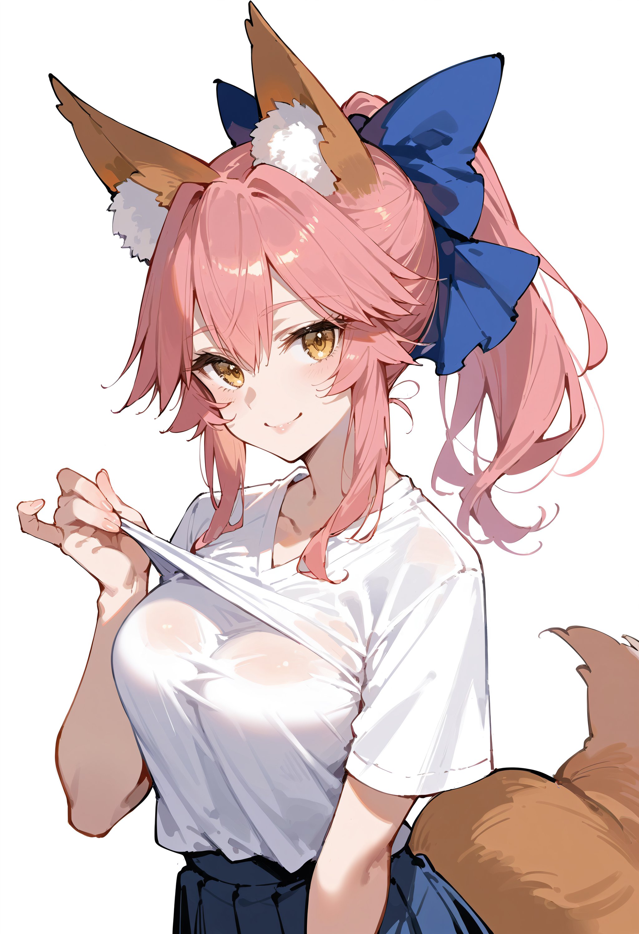 score_9, score_8_up, score_7_up, best quality, source_anime BREAK, upper body,1girl,solo,white shirt,shirt flipping out,pleated skirt,tamamo no mae \(fate/extra\),fox ears,fox tail,pink hair,yellow eyes,breasts,light smile,Fluttering tops,full body (white background),