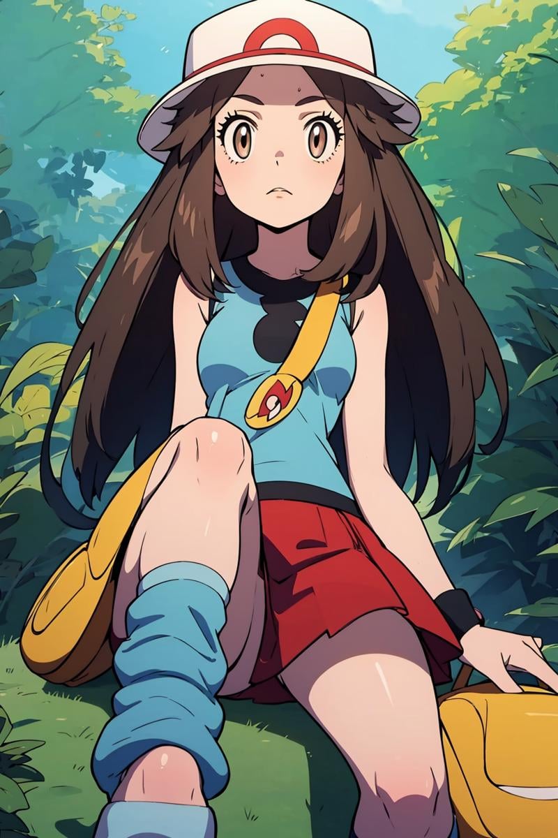 masterpiece, best quality,  <lora:LeafGen1:1> leafgen1, leaf (pokemon), 1girl, long hair, brown eyes, brown hair , bare arms, blue shirt, blue socks, hat, messenger bag, sleeveless shirt, loose socks, red skirt, shirt, skirt, sleeveless, white headwear, wristband, yellow bag, 