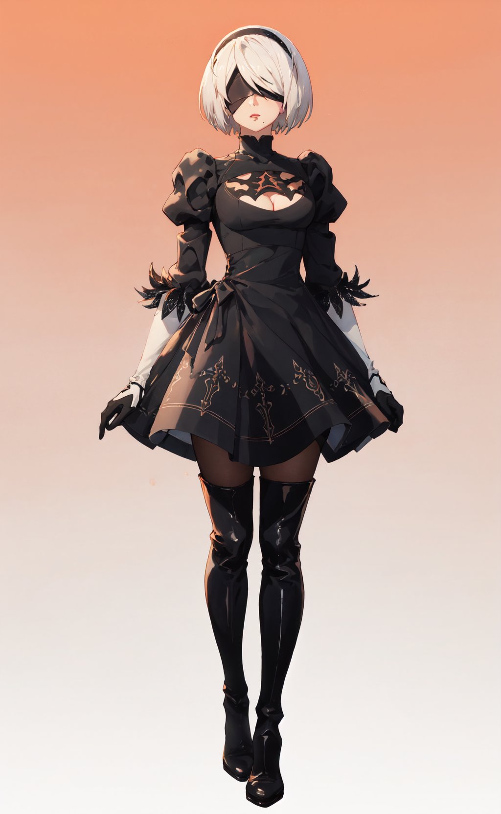 <lora:2B-000017:0.8>,2B CYQL,1girl,looking at viewer,solo,white hair,short hair,black hairband,covered eyes,black blindfold,mole under mouth,clothing cutout,cleavage cutout,long sleeves,puffy sleeves,gloves,dress,black dress,thighhighs,boots,thigh boots,high heel boots,breasts,cleavage,feather-trimmed sleeves,Tsundere,full_shot,Terra-cotta tiles, Iron bed frame, Bright colors, Mosaic accents, Terra-cotta pots,beautiful detailed sky,beautiful detailed glow,posing in front of a colorful and dynamic background,masterpiece,best quality,beautiful and aesthetic,contrapposto,female focus,wallpaper,