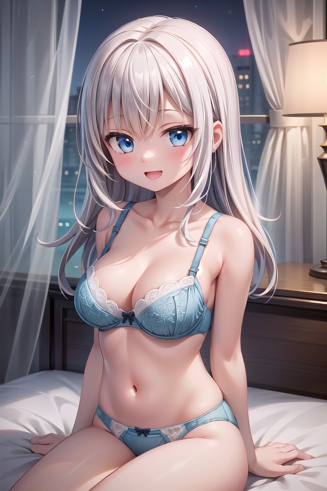 insanely detailed, absurdres, ultra-highres, ultra-detailed, best quality,(wearing pastel colored bra , wearing pastel colored panties :1.3),1 girl, solo, happy smile, laugh, open mouth,(sitting on bed), seductive pose, cowboy shot, looking at viewer,slender, kawaii, perfect symmetrical face, ultra cute girl, ultra cute face, ultra detailed eyes, ultra detailed hair, ultra cute, ultra beautiful,by Canon EOS, SIGMA Art Lens 35mm F1.4, ISO 200 Shutter Speed 2000,elegant hotel room, closed curtains, antique interior, ultra detailed background,cinematic light, indirect lighting, evening light, depth of field,medium large breasts, ,(white long hair, blue eyes),