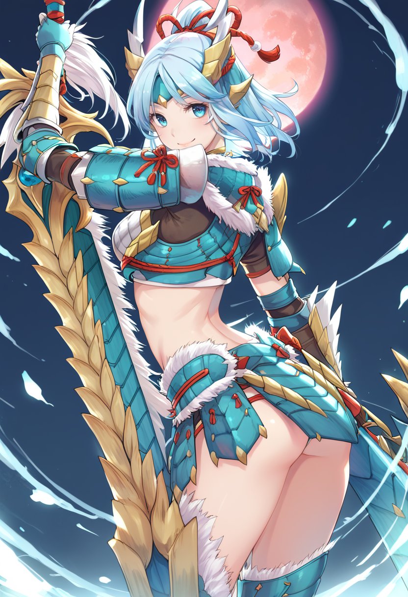 (score_9:0.9),score_8_up,score_7_up,rating_safe,anime style,(zPDXL),<lora:Zinogre armor ponyXL v2:0.83>,Zinogre armor,cyan gauntlets,cyan armor boots,1girl,huge weapon,blue hair,smile,huge sword,looking back,cyan dragon,looking at viewer,solo,holding huge sword,from behind, moon