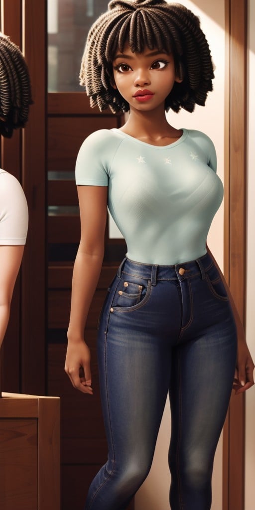 Hyperrealistic, photorealistic, super detailed, jeans, T-shirt, brown hair done in dreadlocks, expressive brown eyes, fifteen years old, body like in real life, large pores, (slender), dark-skin, beautiful arms, very little breasts, thin legs, unreal engine, octane render, droped shadow, bokeh, cinematic lighting, <lora:add_detail:0.5>, <lora:Volumetric_lighting:0.6>, Brown hair done in dreadlocks, Brown eyes, Dark-skinned, Aeon, , <lora:fa9a7bed-1e27-409e-864e-c3eea78a0602:0.7>