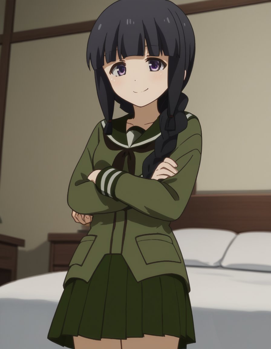 score_9, score_8_up, score_7_up, source_anime, <lora:kancolle-kitakami-s1-ponyxl-lora-nochekaiser:1>, kitakami, long hair, bangs, black hair, purple eyes, braid, blunt bangs, single braid, hair over shoulder, kitakami (kancolle), skirt, school uniform, serafuku, green skirt, pleated skirt, green shirt, green sailor collar, indoors, bed, bed room, on side, blush, drunk,, , , crossed arms, smile, smug, solo,, cowboy shot, dutch angle