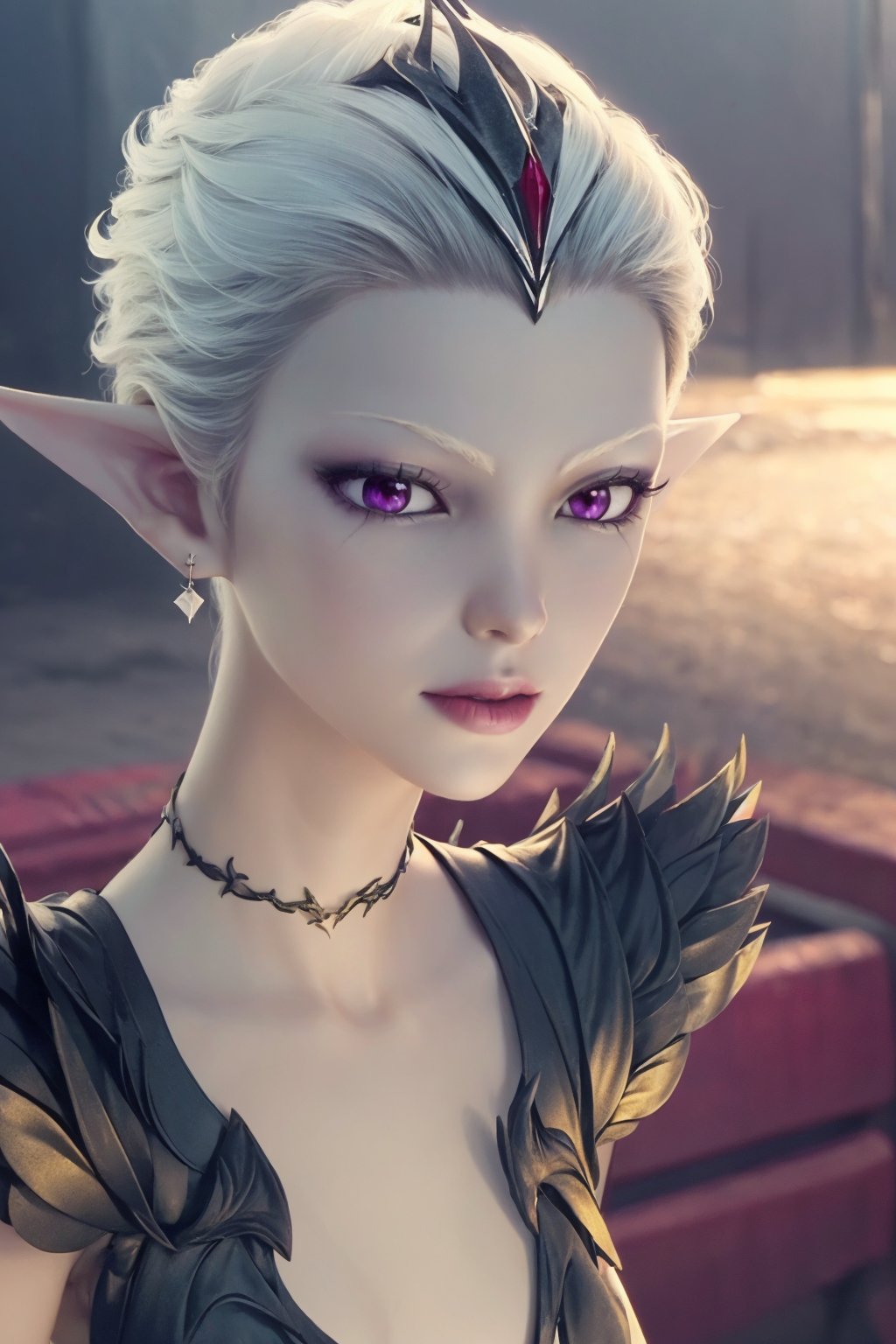 medium full shot,aerial view,1girl,purple eyes,hair ornament,jewelry,earrings,masterpiece,(best quality),official art,extremely detailed cg 8k wallpaper,(extremely delicate and beautiful),solo,realistic,photo_\(medium\)1girl,solo,meila,pointy ears,colored skin,short hair,white hair,<lora:meila_20240326041306:0.7>,