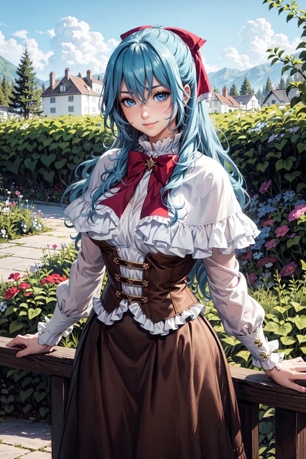 cowboy shot, standing, light smile BREAK sgliselotte, long hair, blue hair, sidelocks, blue eyes BREAK red bow, hair bow, red bowtie, white capelet, brown corset, long sleeves, brown skirt BREAK (garden field:1) <lora:liselotte-sd15-6-000007:0.8>