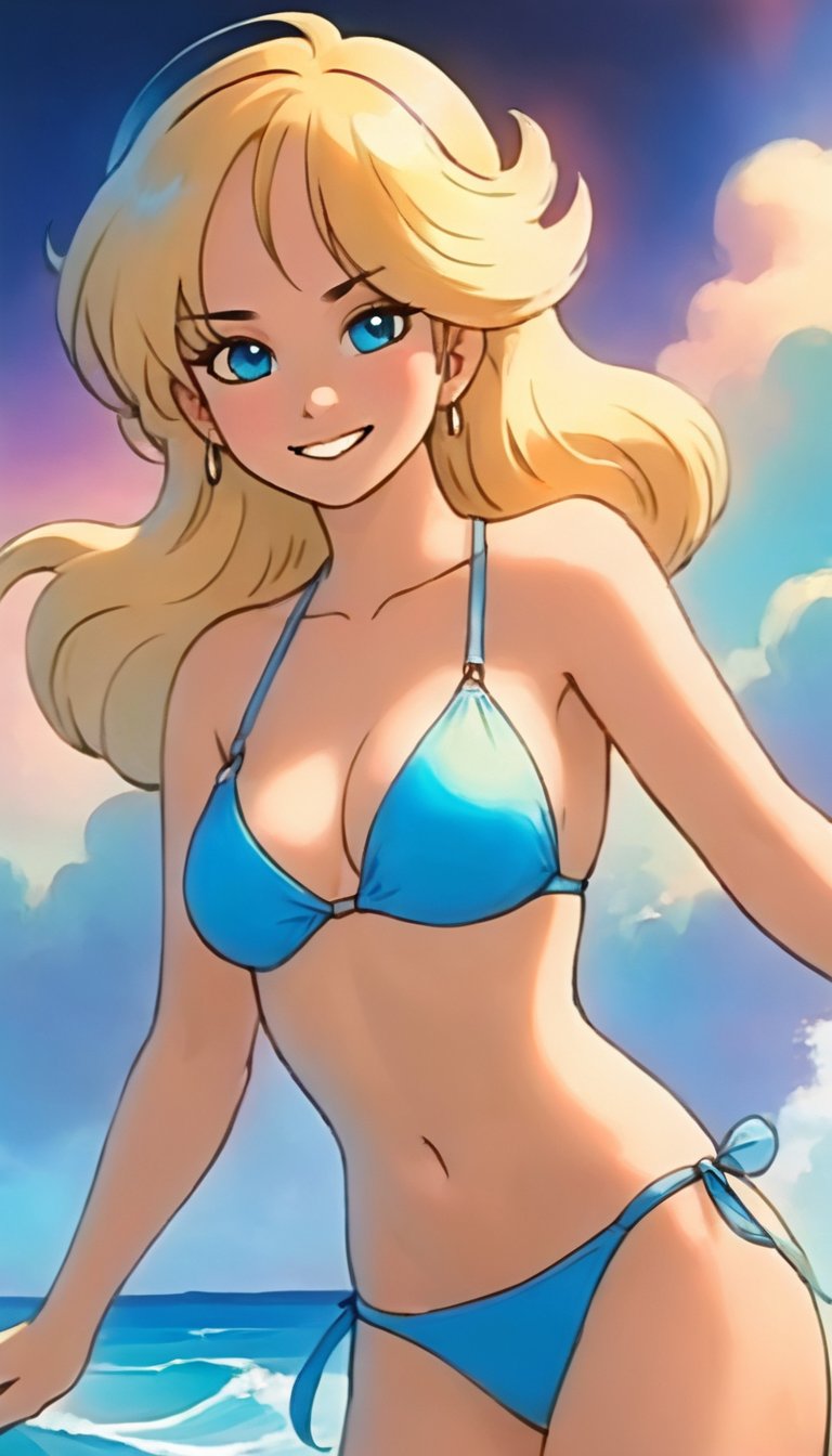 ethereal fantasy concept art of   <lora:lnchDBXL:.95>lnchdb, bikini, smiling, blonde . magnificent, celestial, ethereal, painterly, epic, majestic, magical, fantasy art, cover art, dreamy