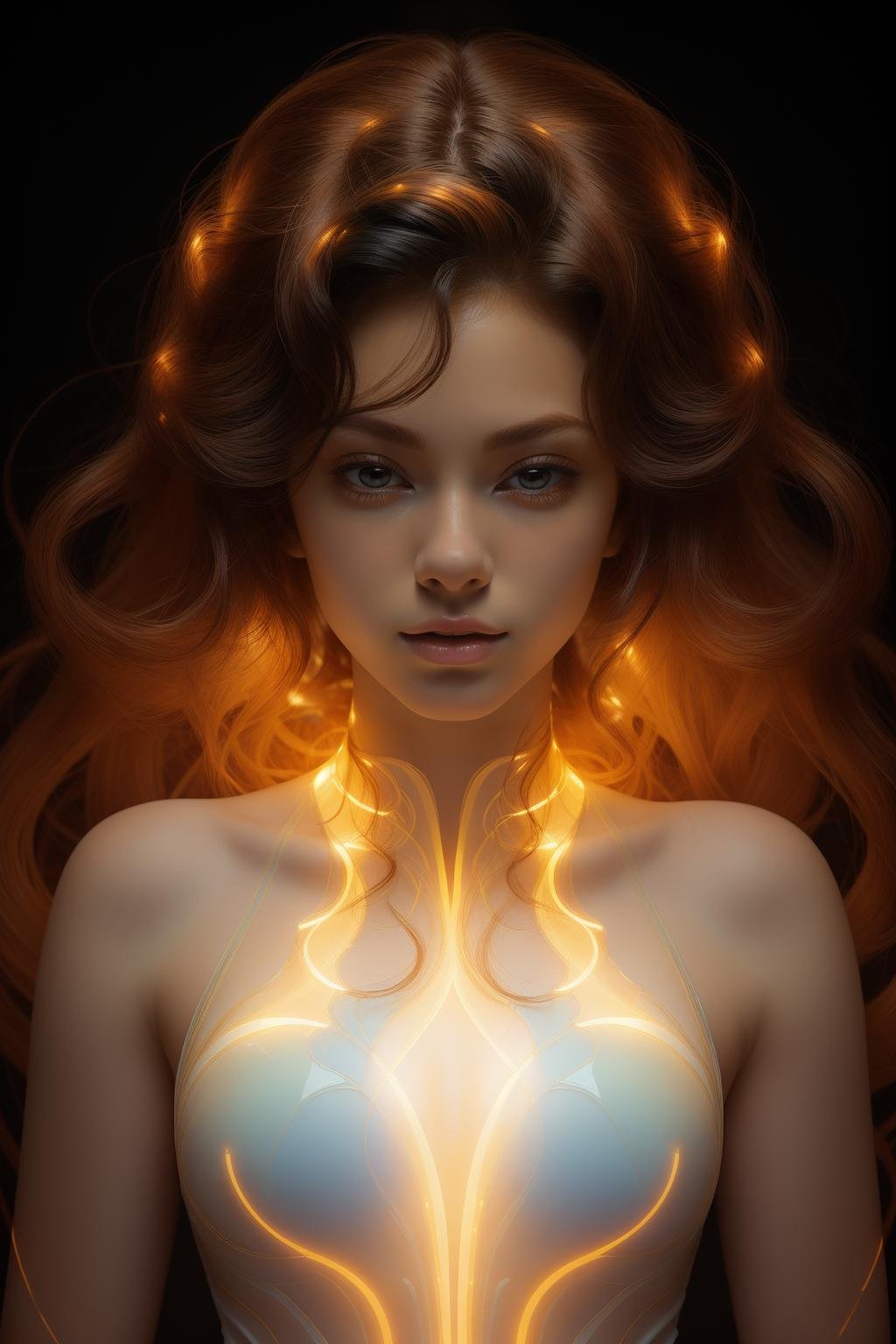 (masterpiece, top quality, best quality, official art, rich details),solo,upper body,a 20 yo woman in office suit,transparent hair,glowing body,inner luminous body,simple background,black background,look at viewer,long hair,orange hair,closed mouth,colored skin,eyelashes,<lora:luminous body:0.8>,