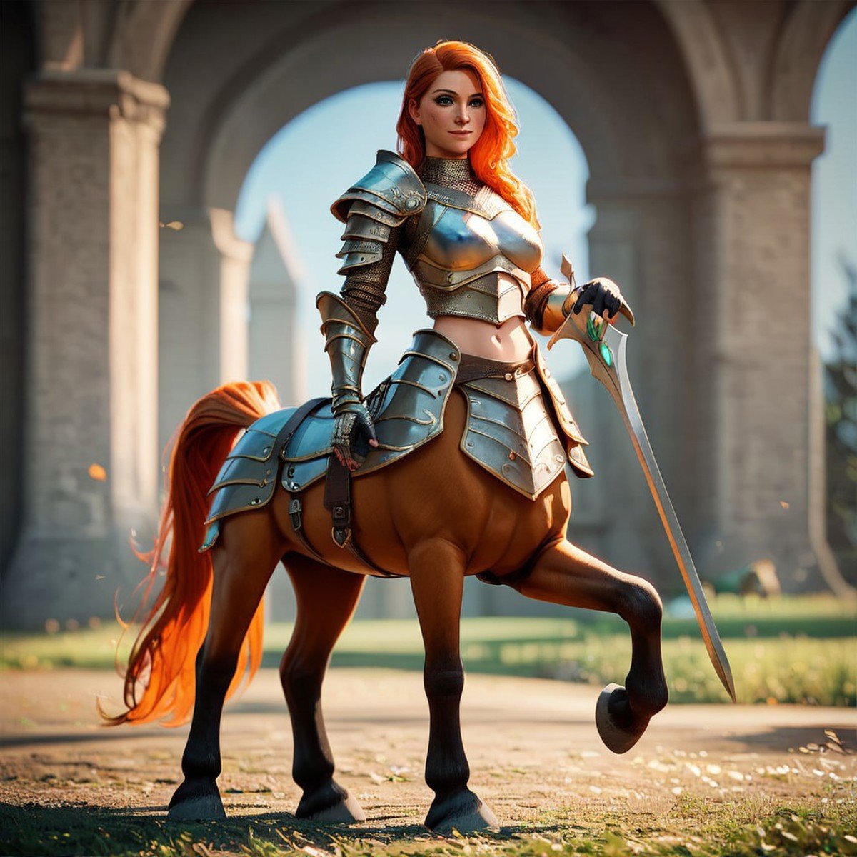 (((beautiful, high quality))), full Body, score_9, score_8_up, score_7_up, Сentaur, Centaur horse, 1girl, green eyes, ginger hair, armor, ginger horse,looking at the viewer, posing, blurred background,