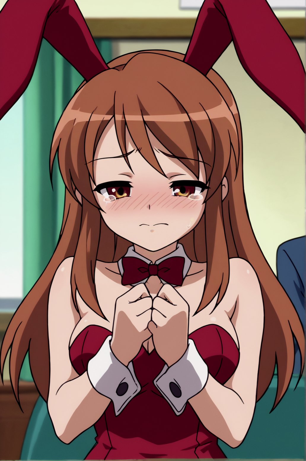 score_9, score_8_up, score_7_up,anime_source, source_anime, best background, detailed background, anime screencap,  Mikuru Asahina, Bunny Girl Outfit, embarrassed, blush, horny, naughty face, tears, cowboy shot, indoors, <lora:JN_Mikuru_Asahina:0.8>