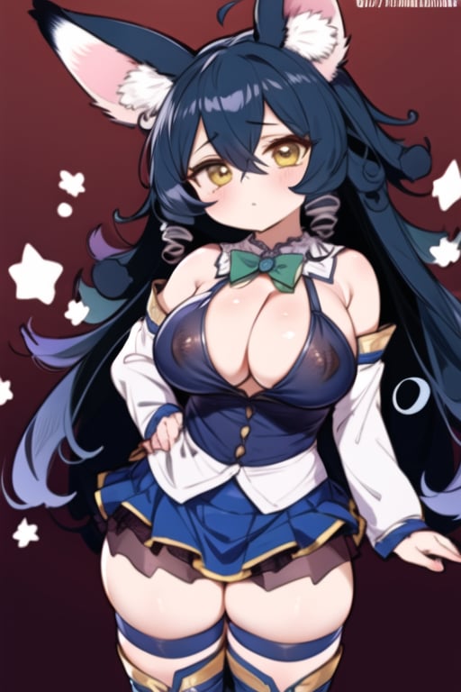 1girl, ((yellow eyes)), ((extra long hair)), ((wavy hair: 1.0)), ((black hair)), (hair between eyes), (((large breasts: 1.5))), ((curvy)), ((curly hair: 1.5)), ((white fox ears)), standing, cosplay, blue shirt, blue skirt, green bowtie, white thighhighs, gem, boots, pleated skirt, zettai ryouiki, detached sleeves, white sleeves, sleveeles shirt, see-throught, see-through skirt, <lora:AquaKonosubaCostume-10:1>, BREAK(masterpiece, best quality, ultra detailed, intricate details:1.2), beautiful detailed eyes, solo,  <lora:more_details:0.4>