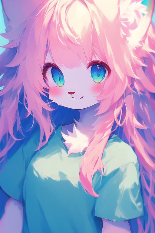 1girl,animal ears,solo,furry female,pink hair,furry,long hair,:3,looking at viewer,upper body,shirt,ahoge,smile,simple background,blue eyes,short sleeves,animal ear fluff,blush,animal nose,blue background,fang,bokeh,depth of field,overexposure,<lora:lightfurryv4-000028:0.4>,<lora:lightfurryv3 (1):1>,