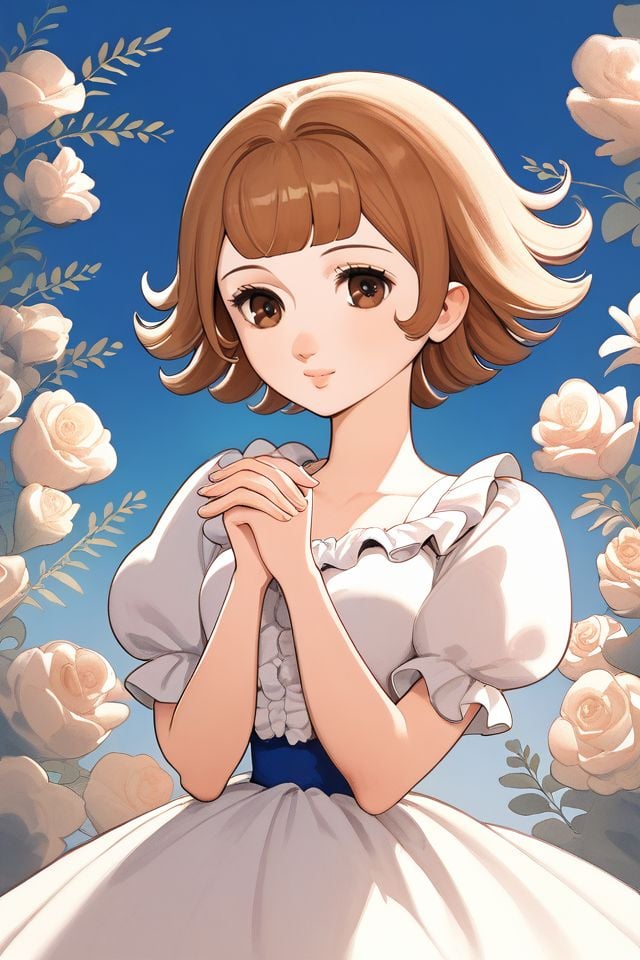 score_9, score_8_up, score_7_up, 1girl, light_brown hair, fringed_bangs, light_brown eyes, own hands together, beautiful background <lora:Osamu_Tezuka_PonyXL_style_v01.10.02.02:1>