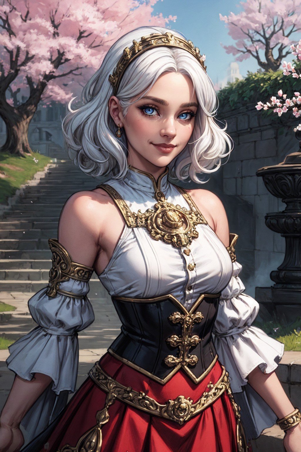 (masterpiece, highest quality, illustration), fantasy, upper body, close-up, solo, woman, smile, curly white hair, blue eyes, small breasts, ornate top, detached sleeves, ornate skirt, ornate hair band, facing the viewer, standing, palace, day, outdoors, cherry tree, cinematic lighting, <lora:more_details:0.5>