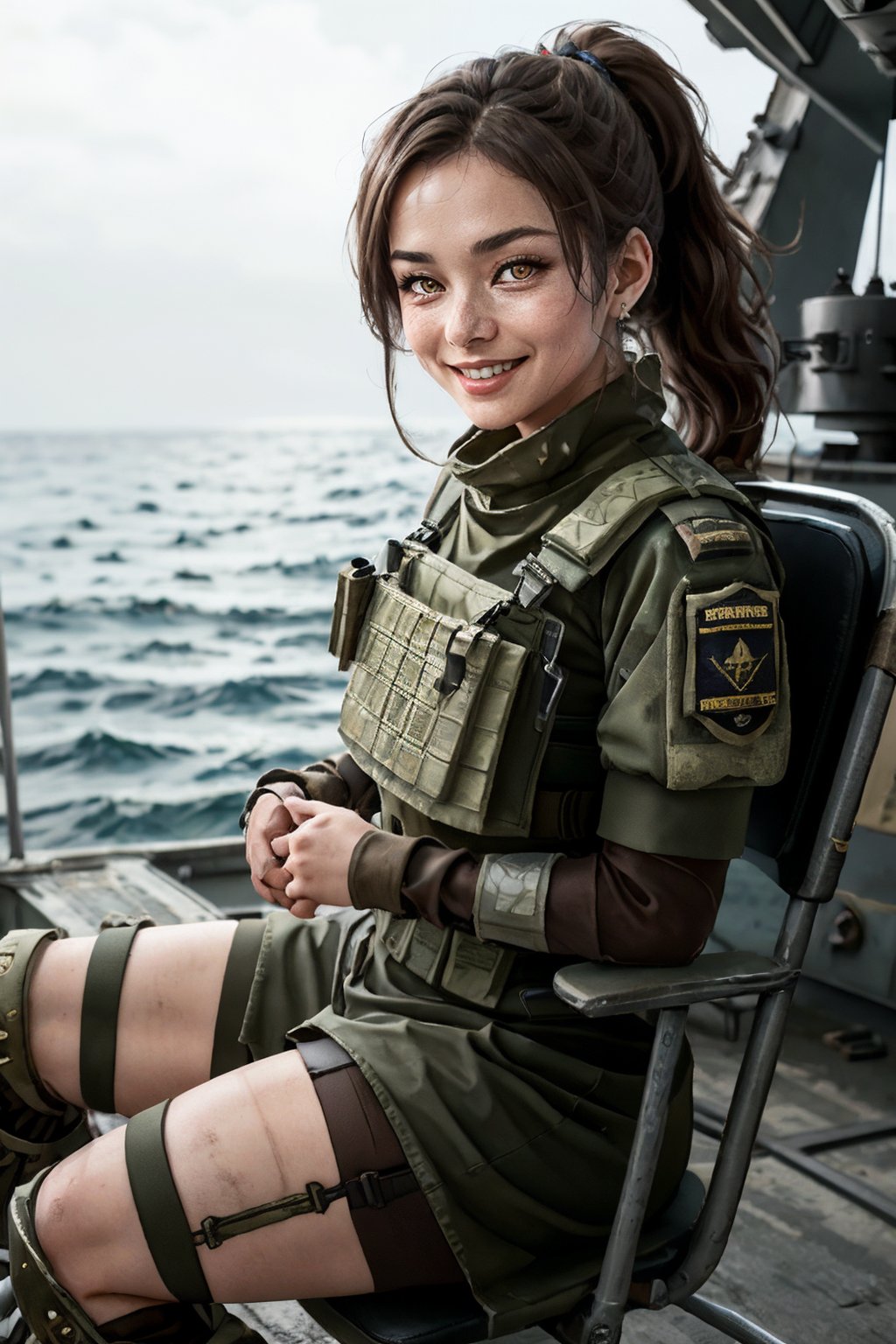 blasco, yellow eyes, dirty face, brown hair, ponytail, military clothes, shoulder pads, bulletproof vest, knee pads, boots, looking at viewer, serious, smiling, sitting, on chair, outside, battleship, ocean, natural lighting, depth of field, <lora:blasco-08new:.8>