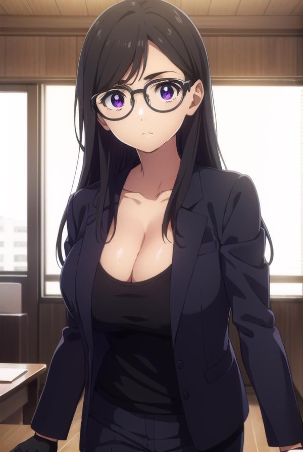 hizuruminakata, <lora:hizuru minakata s1-lora-nochekaiser:1>,hizuru minakata, long hair, black hair, glasses, (purple eyes:1.1), black-framed eyewear,BREAK shirt, gloves, cleavage, collarbone, jacket, black gloves, pants, black jacket, black shirt, black pants, formal, suit,BREAK outdoors,BREAK looking at viewer,BREAK <lyco:GoodHands-beta2:1>, (masterpiece:1.2), best quality, high resolution, unity 8k wallpaper, (illustration:0.8), (beautiful detailed eyes:1.6), extremely detailed face, perfect lighting, extremely detailed CG, (perfect hands, perfect anatomy),