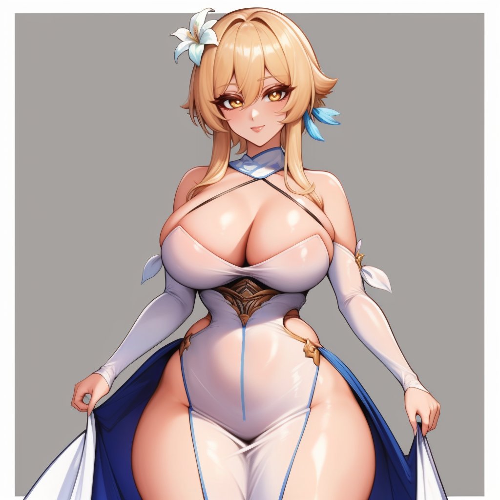 (masterpiece, best quality:1.3), JUGGERTUUL, 1girl, solo, looking at viewer, wide hips, mature female, simple background, closed mouth, seductive smile, large breasts, cowboy shot, thick thighs,  <lora:JUGGERTUUL Style Lora:1>, lumine, hair ornament, flower, hair flower, short hair with long locks, hair between eyes, bare shoulders, white flower, sidelocks, dress, cleavage, white dress, detached sleeves <lora:lumine:.8>