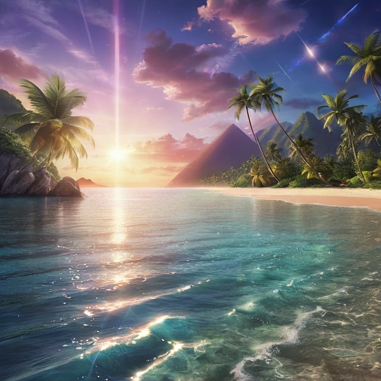 Tropical beach, palm trees, crystal clear water, afternoon, mystic, dream, dawn, sunlight, beautiful skyline, waves, best resolution, photorealistic, straight trees, awesome clouds, super bright