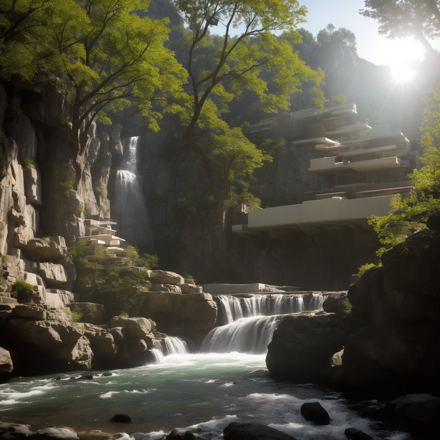 ((A photography showcase of Fallingwater, the iconic architecture by Frank Lloyd Wright located in Mill Run, Pennsylvania. Through the lens of Ansel Adams, using a 35mm lens,The color temperature exudes a cool blueish tint. No facial expressions as the primary focus is on the structure. Ambient light from the sun provides a gentle glow to the scene, casting soft shadows. The atmosphere is serene and timeless)),Dive into the world of Photography that captures the essence of Frank Lloyd Wright's modern "Frank Lloyd Wright's modern style villa" with a focus on the architectural marvel of Fallingwater. Through a 35mm lens,witness the structure in intense clarity and sharpness. The image has a warm color temperature that highlights the building's iconic cascading forms. No facial expressions are present as the image focuses solely on architecture. The lighting is natural,with the sun casting soft shadows on the structure,giving depth and texture. The atmosphere feels serene and untouched by time,A modern house seamlessly integrates natural elements into its design. featuring a balcony adorned with lush greenery and a front yard that blends nature with the environment. Soft ambient lighting casts a warm and welcoming glow. Channeling the spirit of renowned architect Frank Lloyd Wright,this design showcases his signature organic architectural style. The medium for this artwork is an architectural blueprint rendered in high-definition 3D graphics,emphasizing every detail of the design. The color scheme mainly consists of earthy tones and various shades of green,enhancing the connection to nature,