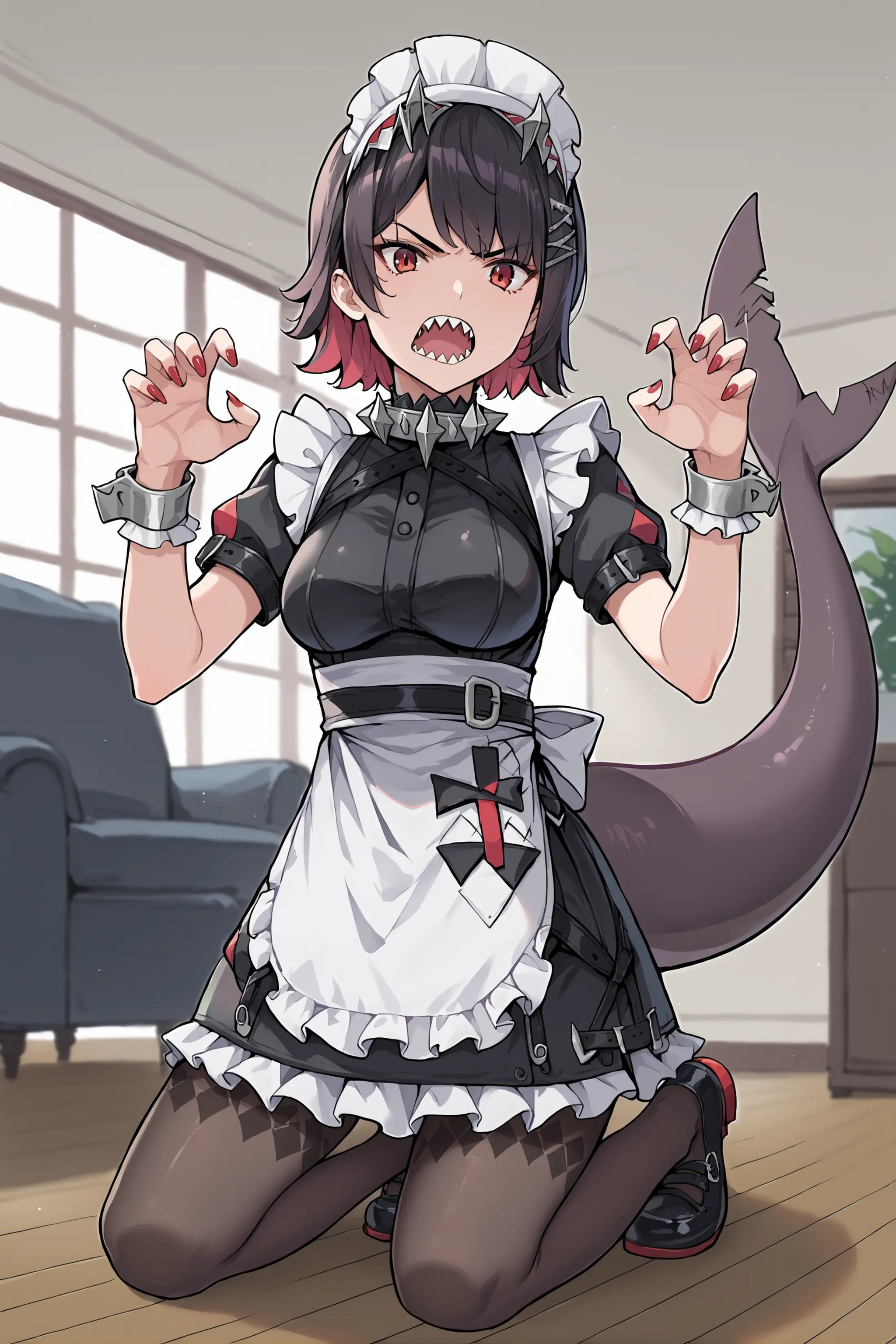 score_9, score_8_up, score_7_up, source_anime, 1girl, ellen joe, solo, hairclip, argyle pantyhose, red nails, black footwear, maid headdress, maid apron, wrist cuffs, maid dress, shark tail, spiked collar, looking at viewer, angry, open mouth,  sharp teeth, claw pose, indoors, living room, depth of field, kneeling, full body  <lora:Char-ZZZ-EllenJoe-pony-V1:0.8>  <lora:style-nora_higuma:0.4> <lora:style-merrytail:0.4>