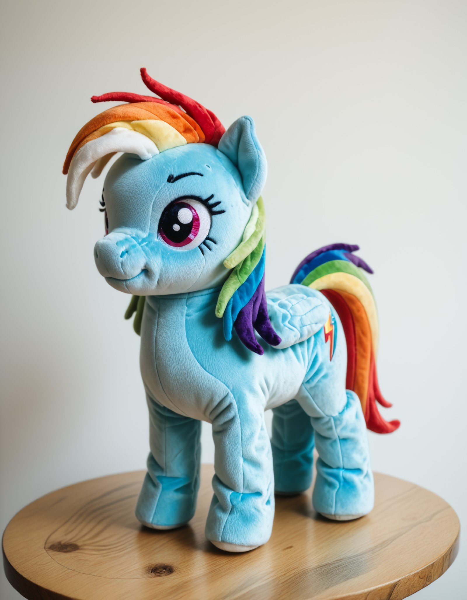 score_9, score_8_up, score_7_up, score_6_up, score_5_up, score_4_up, score_9, a photo of rainbow dash pony plushie standing on a real table