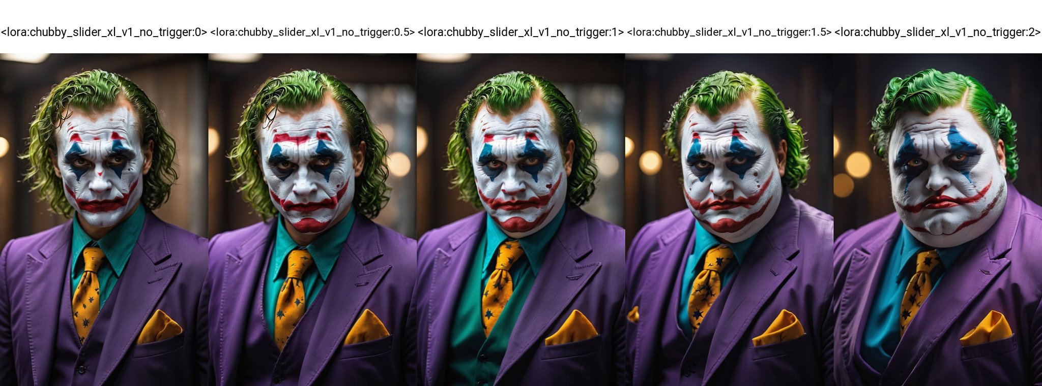 (best quality,highres,masterpiece:1.2),ultra-detailed,(portrait,joker,man,creepy look,detailed eyes,shallow depth of field,vignette,highly detailed,high budget Hollywood film),(best quality,4k,8k,highres,masterpiece:1.2),ultra-detailed,(realistic,photorealistic,photo-realistic:1.37),portraits,sharp focus,physically-based rendering,professional,vivid colors,bokeh,studio lighting,creepy color tones,subtle shadows <lora:chubby_slider_xl_v1_no_trigger:0>