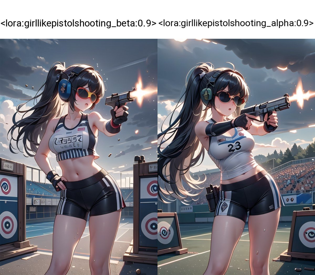 ((pistol shooting)), ((firing range)), (holding air handgun), muzzle flash, aiming at viewer and target, player uniform, sleeveless, sports shorts, ear defenders, fingerless gloves, olympic games venue, wind, steam, sweat, shadow, 1girl, big tits, standing, (((dark tinted eyewear))), <lora:girllikepistolshooting_beta:0.9>