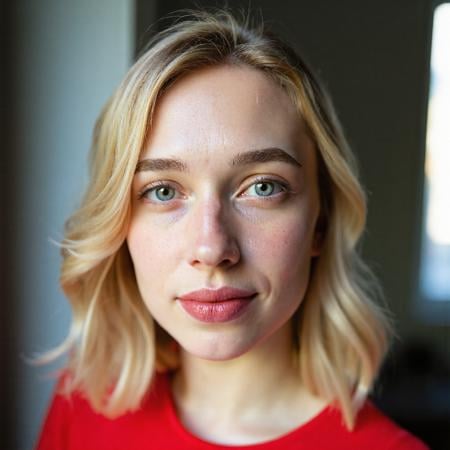 <lora:FLUX_Polyhedron_all_Kohya_ss-000001:1> RAW photo, a candid full body portrait of a beautiful blonde woman wearing a (red shirt), 8k uhd, dslr, soft lighting, high quality, film grain, Fujifilm XT3(pointy chin:1.5), (no cleft chin), (no chin dimple), (no rabbit teeth)small chin, (no freckles:0.5), perfect eyes, glowing irises, ((even eyes)), ((even pupils)), round iris, detailed pupils, light reflections, visible cornea, blood vessels, (wet skin:1.1), (sweat:1.1), white winter skin, wax skin, marble skin, pale skin, clear skin, [[skin blemishes]], skin pores, blush, flushed cheeks, [[[[[moles]]]]], wrinkles, [[[[vitiligo spots]]]], [[whiteheads]], [[[blackheads]]], [pimples], perfect hands, shiny bright eyes, centered pupils, blood vessels in sclera, detailed skin, [[oiled shiny skin]], beauty spots, skin fuzz, shine from within, hands off face, nipples, not asian 