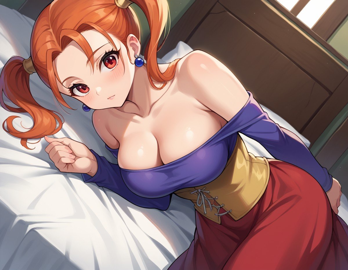 score_9, score_8_up, score_7_up, source_anime,jessicaalbert, <lora:jessica-albert-ponyxl-lora-nochekaiser:1>,jessica albert, orange hair, red eyes, twintails,bare shoulders, cleavage, dress, earrings, jewelry, off shoulder, off-shoulder dress, purple shirt, shirt, strapless, strapless dress, corset,indoors, bed, bed room, on side,looking at viewer, dutch angle, cowboy shot,