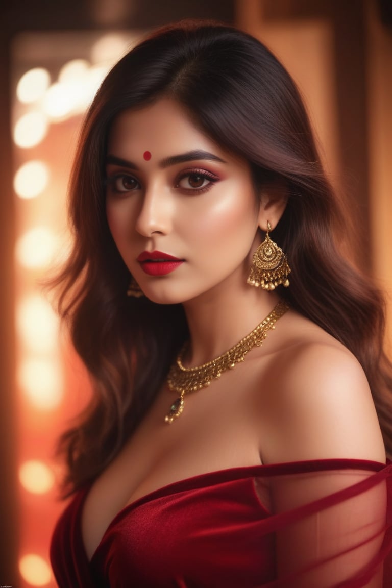 23 years woman,  hot,  sexy,  indian,  model,  Instagram model,  influencer,  haply face,  sharp jawline,  baby pink lips,  cute looking,  catty eyes,  red velvet dress,  best quality,  masterpiece,  beautiful and aesthetic,  16K,  (HDR:1.4),  high contrast,  bokeh:1.2,  lens flare,  (vibrant color:1.4),  (muted colors,  dim colors,  soothing tones:0),  black eyes,  Exquisite details and textures,  cinematic shot,  Warm tone,  (Bright and intense:1.2),  wide shot,  by playai,  ultra realistic illustration,  siena natural ratio,  realistic style,  shirt and short skirt,  Full length view,  Straight brown hair with blunt bangs,  brown	a Sheer Sarong Wrap,  wavy plastic clothes,  a beautiful indian girl,  Pale skin,  icy eyeshadow,  necklace,  breast size 35,  Weast size 30,  butts size 35 femme fatale,<lora:EMS-70794-EMS:0.400000>