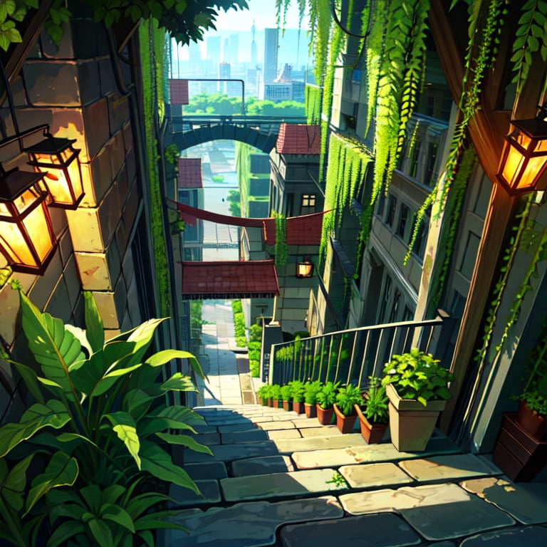 (masterpiece, best quality:1.1),a0b,architecture,deep cityscape,scenery,potted plant,lantern,lance vines,overgrown,outdoors,deep wide shot,from above,very aesthetic,<lora:Ayuli2424SD1.5.64.0.921tx1-000003:0.8>