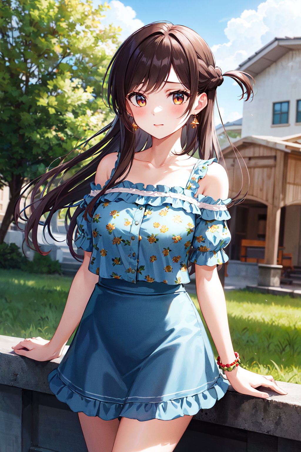 masterpiece, best quality, highres, aachizuru, long hair, one side up, earrings, bare shoulders, floral print, frills, blue shirt, short sleeves, bracelet, blue skirt, <lora:mizuhara_chizuru_v2:0.7>, standing, cowboy shot, outdoors, arms at sides, 