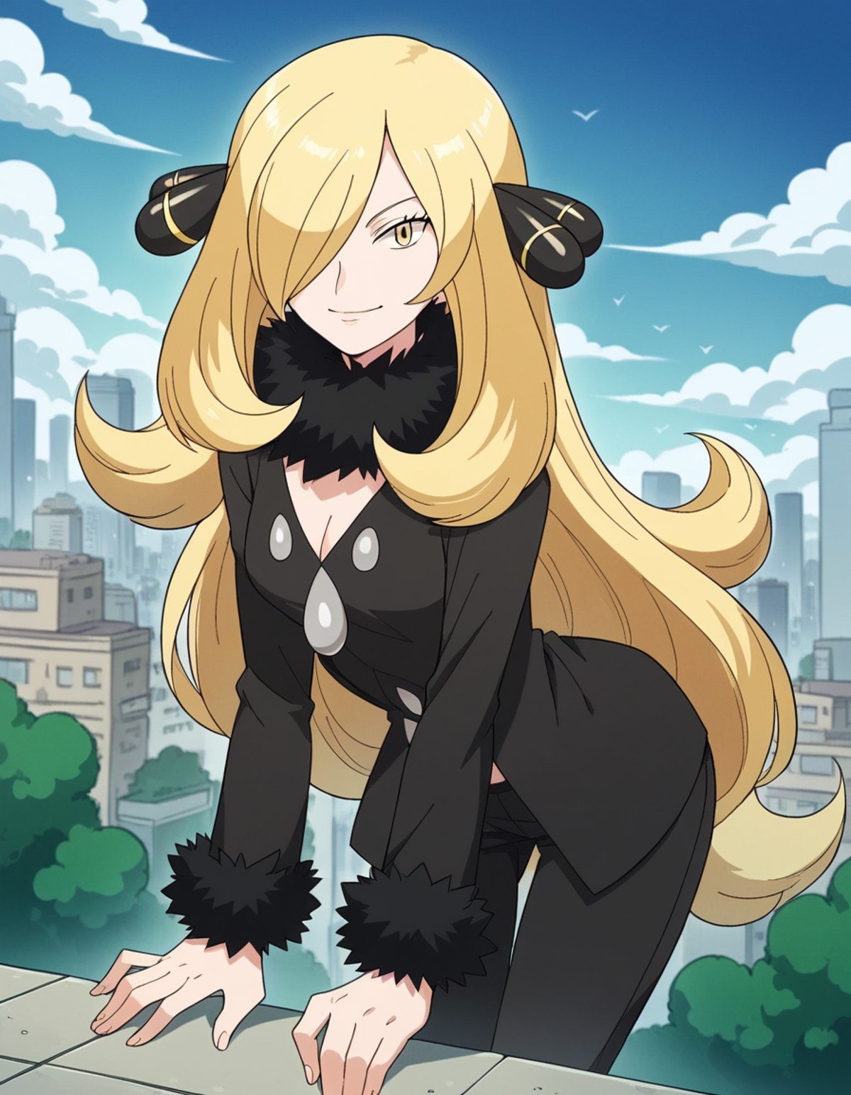 score_9, score_8_up, score_7_up, source_anime,pokemoncynthia, <lora:pokemon-cynthia-anime-ponyxl-lora-nochekaiser:1>pokemoncynthia, blonde hair, hair ornament, hair over one eye, long hair, yellow eyes,black coat, black pants, black shirt, coat, fur collar, fur trim, fur-trimmed sleeves, pants, shirt,outdoors, cityscape, bent over, smile,looking at viewer, cowboy shot, dutch angle,