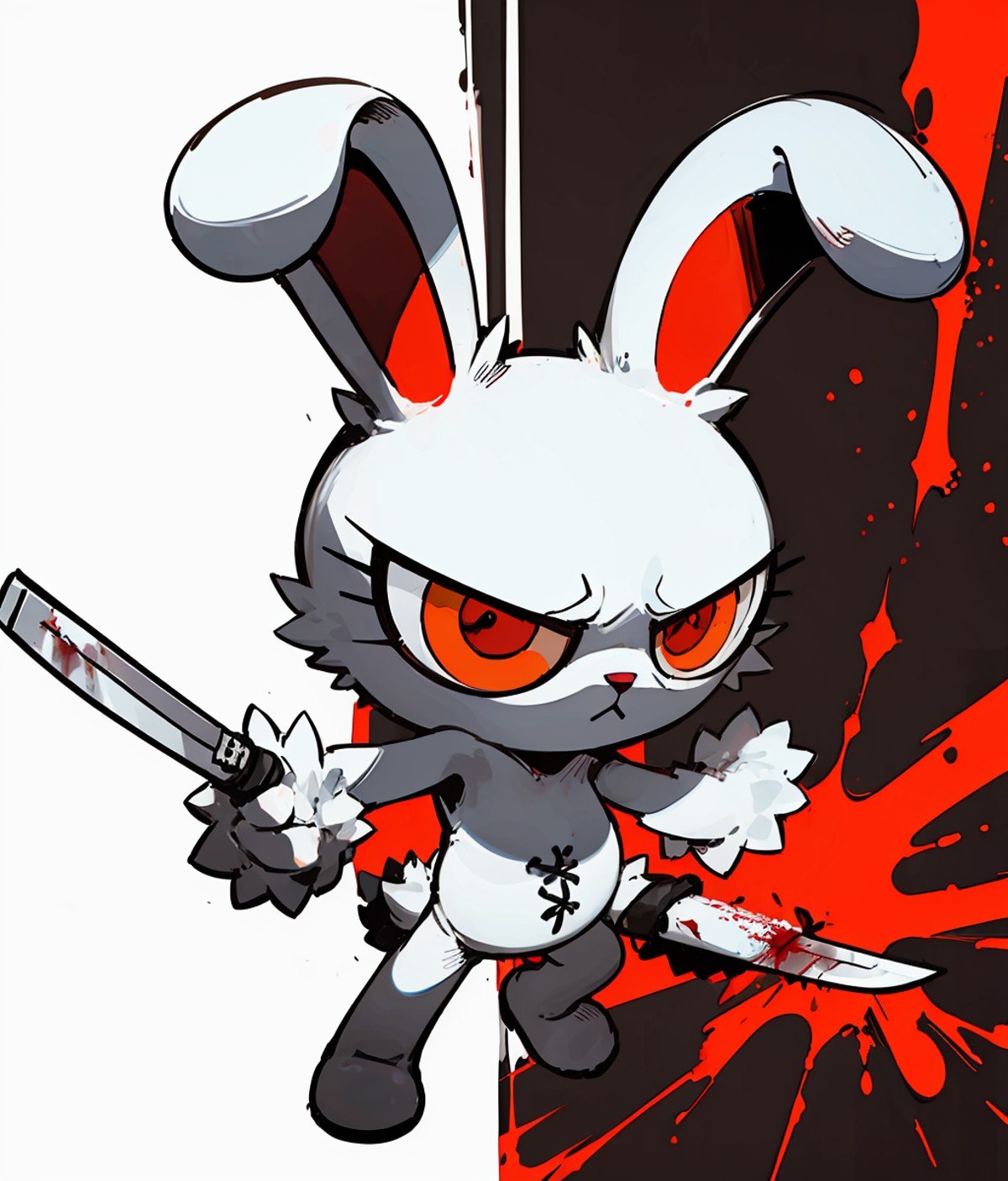 1girl,furry,bunny,stitches,holding knife,blood stain,cuteg,cartoonized,battle,solo,<lora:Role_Bloody_Bunny_v1.0:0.7>,Bloody Bunny,