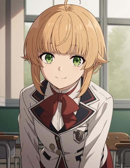 score_9, score_8_up, score_7_up, source_anime,norngreyrat, <lora:norn-greyrat-s2-ponyxl-lora-nochekaiser:1>,norn greyrat, bangs, blonde hair, green eyes, ahoge,long sleeves, bow, school uniform, jacket, bowtie, red bow, skirt, red skirt, white jacket,indoors, classroom, bent over, smile,solo, dutch angle, looking at viewer, cowboy shot,