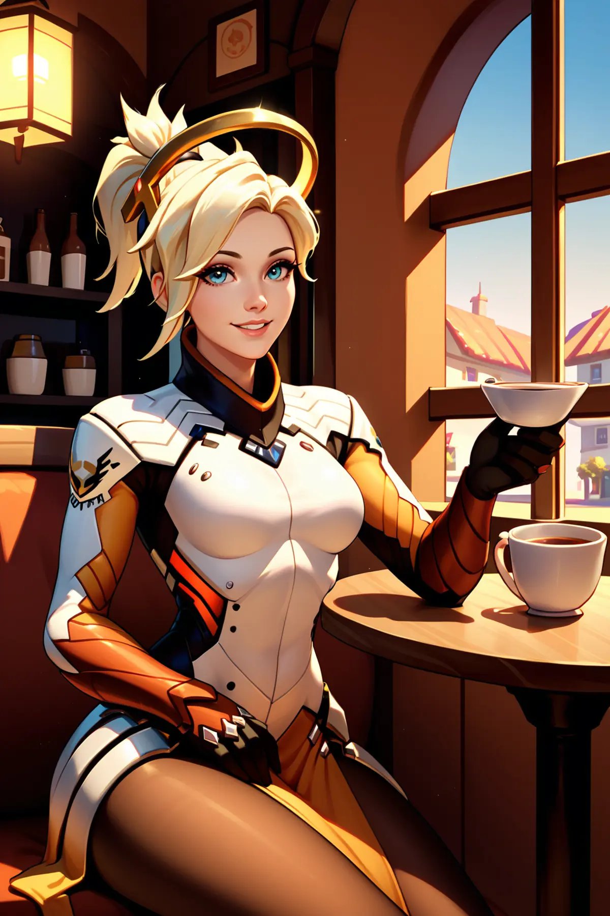 score_9, score_8_up, score_7_up, masterpiece, high quality <lora:MrcyPonyLora:0.7> mrcy, short hair, high ponytail, halo, high collar, bodysuit, gloves, pelvic curtain, armor, pantyhose, faulds sitting in a cafe colding a cup of tea, smile, sunset outside window