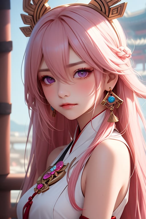 ba shen zi,1girl,solo,purple eyes,pink hair,animal ears,long hair,hair between eyes,blush,fox ears,bare shoulders,jewelry,earrings,bangs,closed mouth,japanese clothes,portrait,bright personality,optimistic outlook,free-spirited,carefree attitude,playful spirit,(positive vibes:1.2),<lora:aki-000002:0.5>,an angry and flushed expression,