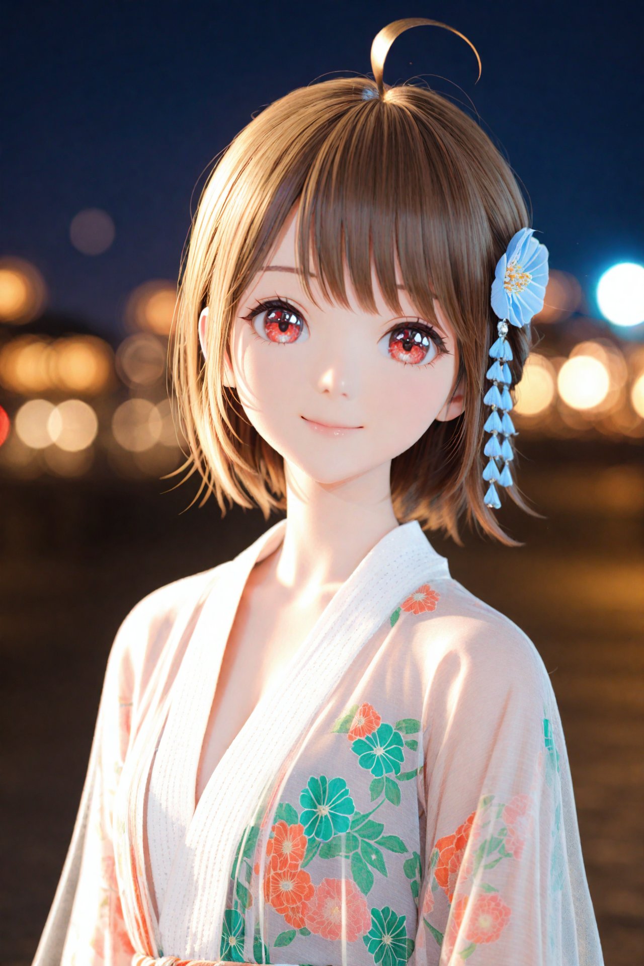 masterpiece,best quality,illustration,ultra detailed,hdr,Depth of field,(colorful),artist mmd,night,1girl,solo,red eyes,looking at viewer,hair ornament,short hair,upper body,brown hair,blurry,ahoge,bangs,see-through,depth of field,hanfu,smile,floral print,closed mouth,