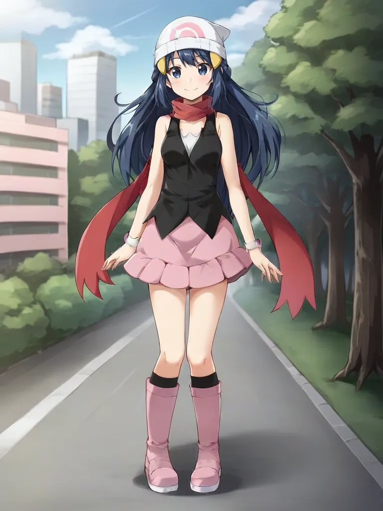 <lora:DPDawnHikariTsukishiroV3:0.7>1girl, solo, hidawnkari, blue hair, long hair, blue eyes, white headwear, beanie, hair ornament, hairclip, black shirt, sleeveless, red scarf, pink skirt, miniskirt, black kneehighs, pink boots, full body, outdoors, city, trees, smile