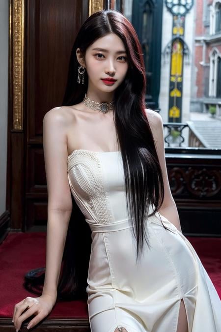 (realistic), (hyperrealism),best quality, masterpiece,ultra high res, (photorealistic:1.4),1girl,(looking at viewer:2), <lora:add_detail:0.3>,luxury gothic mansion,long elegant red dress, stairs, black choker, earrings, banges, skinny, pale skin,long straight hair,cowboy shot, <lora:makina69_sihyeon_v1.0:1>