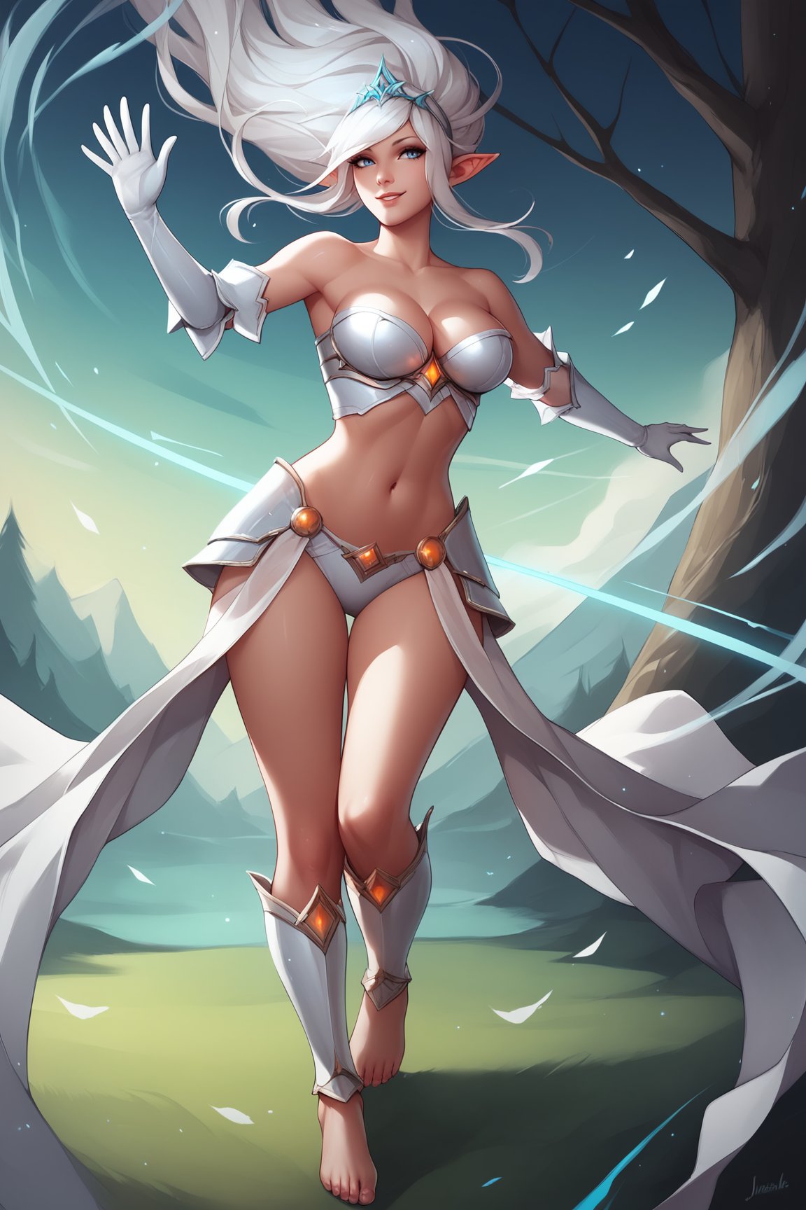 score_9, score_8_up, score_7_up, score_6_up, score_5_up, score_4_up, BREAK, JannaLoLXL, blue eyes, white hair, long hair, floating hair, parted bangs, sidelocks, pointy ears, tiara, large breasts, white armor, orange jewelry, bare shoulders, cleavage, white midriff, navel, white elbow gloves, hips armor, panties, greaves, barefoot, solo, standing, waving, seductive smile, looking at viewer, forest, tree <lora:JannaLoLXL:0.8>