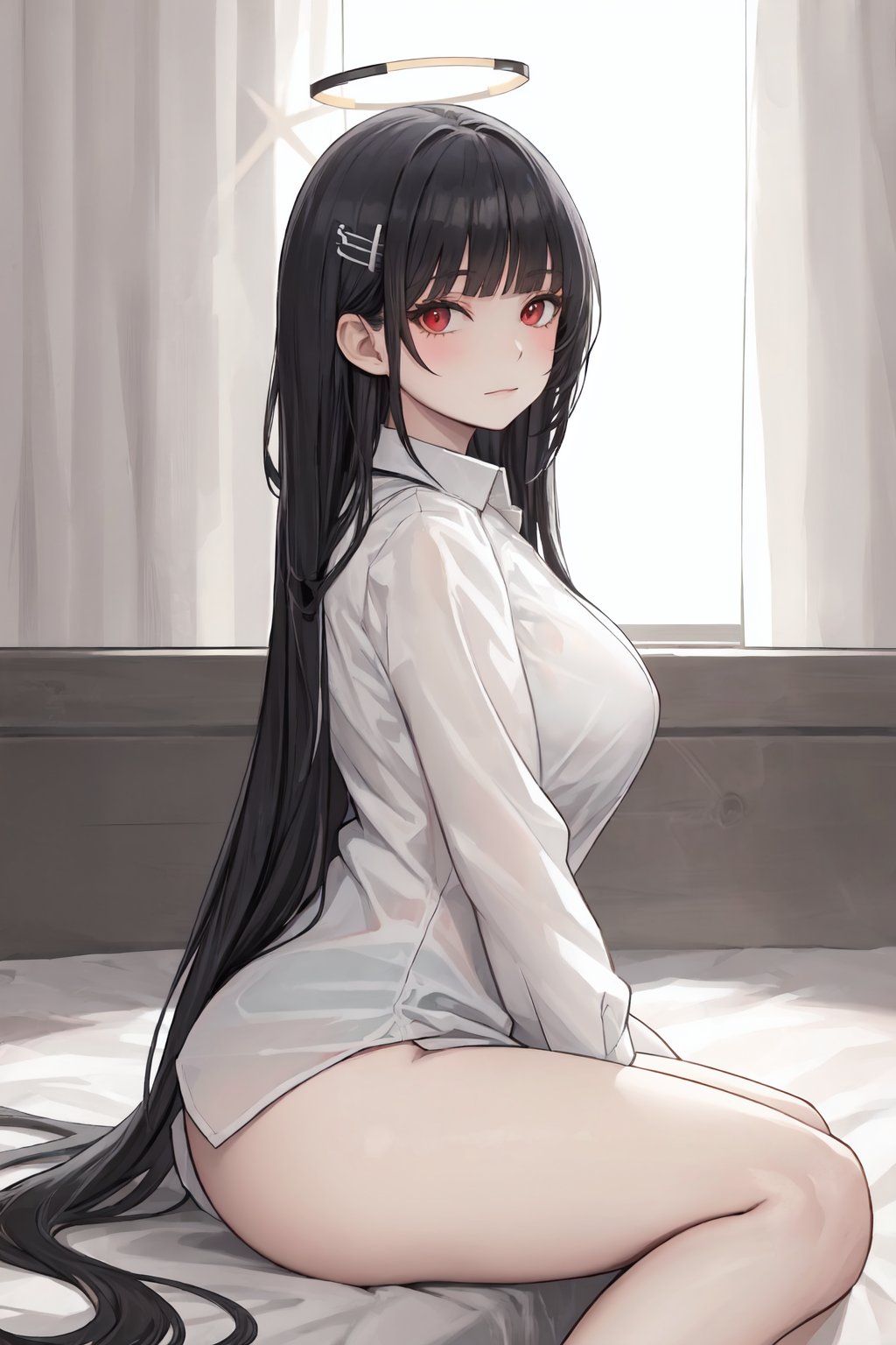 1girl, long hair, solo, breasts, black hair, halo, shirt, sitting, white shirt, blush, large breasts, very long hair, from side, sleeves past wrists, looking at viewer, bangs, long sleeves, red eyes, hair ornament, naked shirt, collared shirt, curtains, blunt bangs, hairclip, closed mouth, dress shirt, thighs, crossed legs, on bed