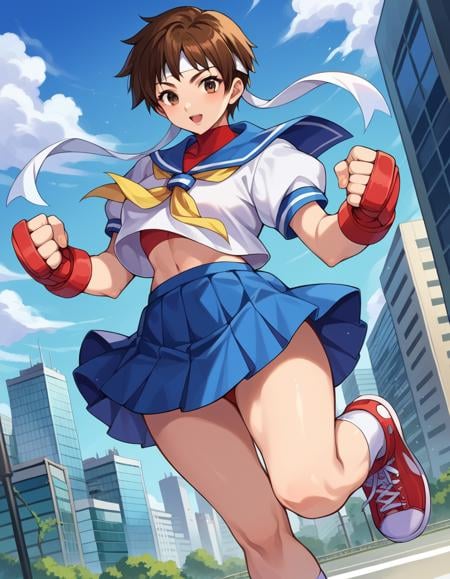 score_9, score_8_up, score_7_up, source_anime,sakurakasugano, <lora:sakura-kasugano-ponyxl-lora-nochekaiser:1>,sakura kasugano, brown eyes, brown hair, short hair, mature female,ankle socks, blue skirt, crop top, headband, midriff, miniskirt, navel, sailor collar, school uniform, shoes, short sleeves, skirt, sneakers, socks, stomach, shirt, white shirt, white headband, gloves, red gloves,outdoors, cityscape,looking at viewer, dutch angle, cowboy shot,