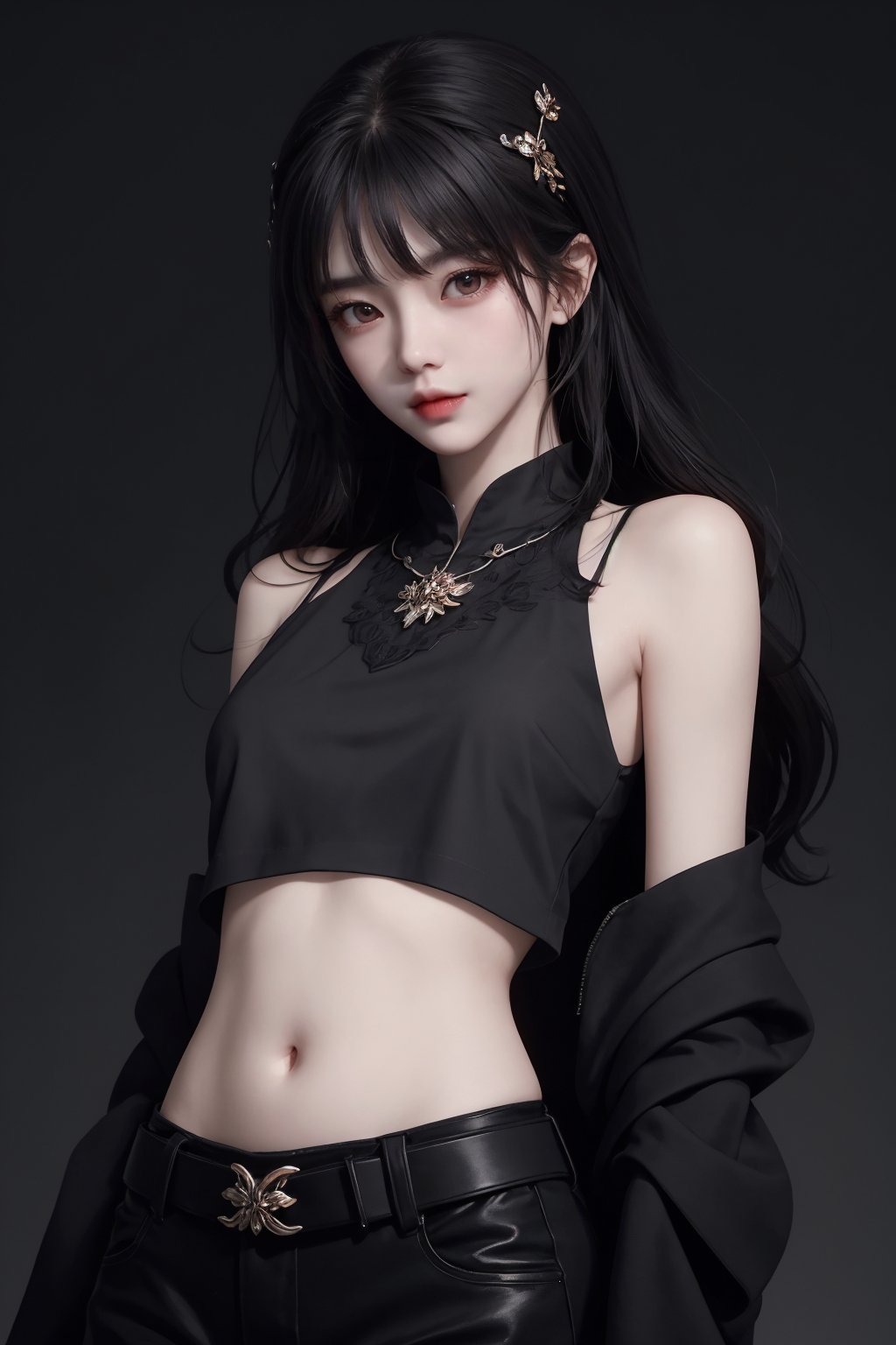 masterpiece, best quality, masterpiece,best quality,official art,extremely detailed CG unity 8k wallpaper,woman,photorealistic, masterpiece, realistic,araffed woman in black top and black pants posing for a picture, jiyun chae, wavy long - length black hair, shoulder-length black hair, lu ji, +81 magazine, wavy shoulder-length hair, kim hyun joo, physical : tinyest midriff ever, tinyest midriff ever, Wang Yuanqi, black wavy hair with bangs, long thin black hair, huge belt, female actress from korea, Du Qiong, Huang Ji, Qian Du, portrait of female korean idol, wavy long black hair, black long hair, shoulder length black hair, id magazine, Hu Zaobin, dilraba dilmurat, wavy black hair, black wavy hair, no logo, beautiful midriff, jia, Chen Jiru, gold belt, Luo Mu <lora:模特:0.8>